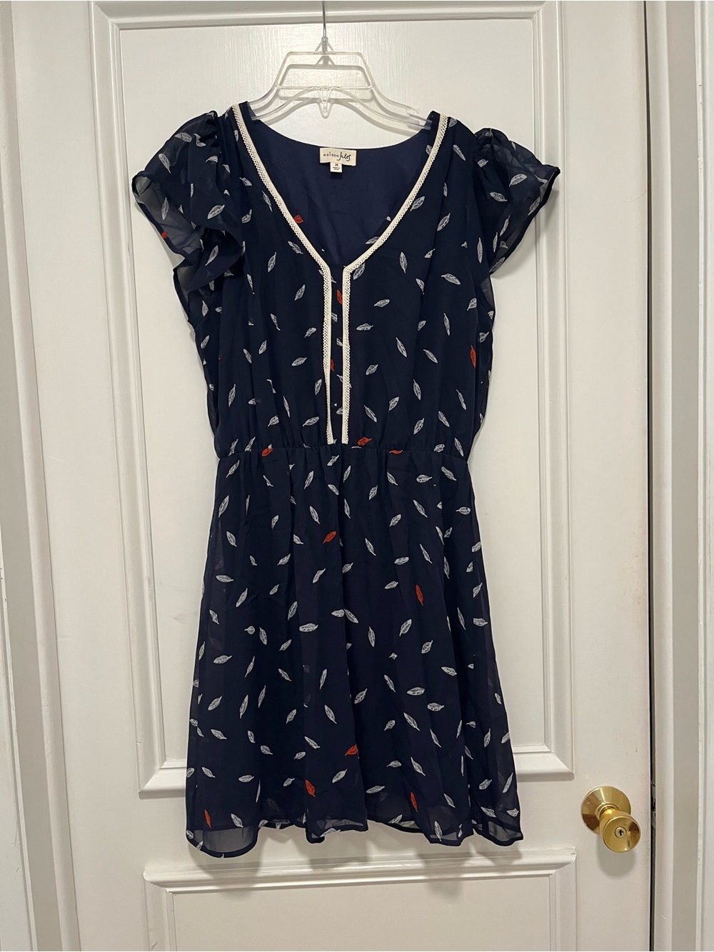 Maison Jules Navy Leaf-Print V-Neck Mini Dress with Red Accents